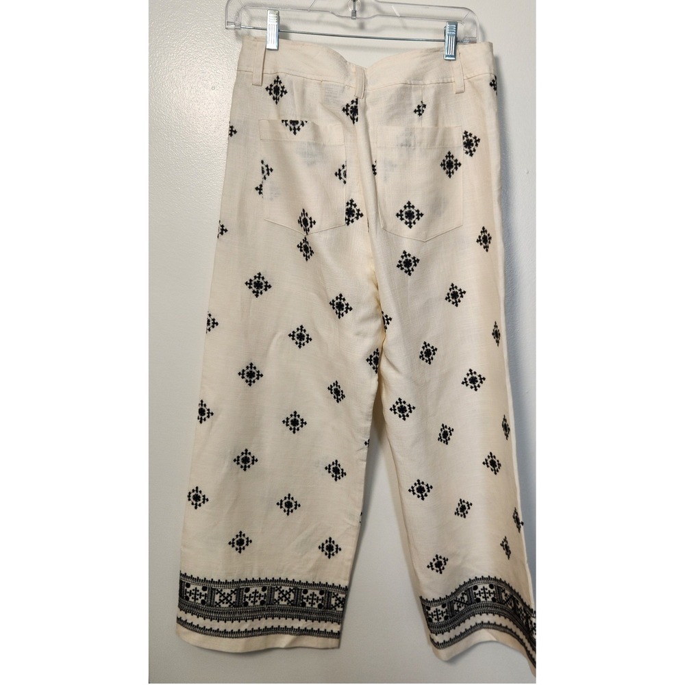 Elie Tahari Ivory Black Embroidered Linen Blend Ankle Pants 6 Wide Leg High Rise